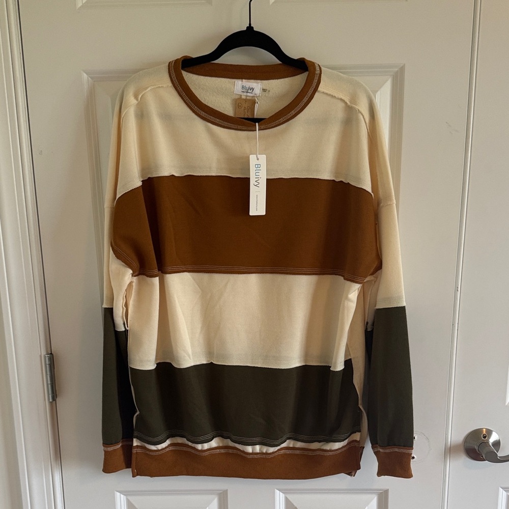 NWT Bluivy Colorblock Striped Oversized Sweatshirt - Cream, Brown, Olive Large